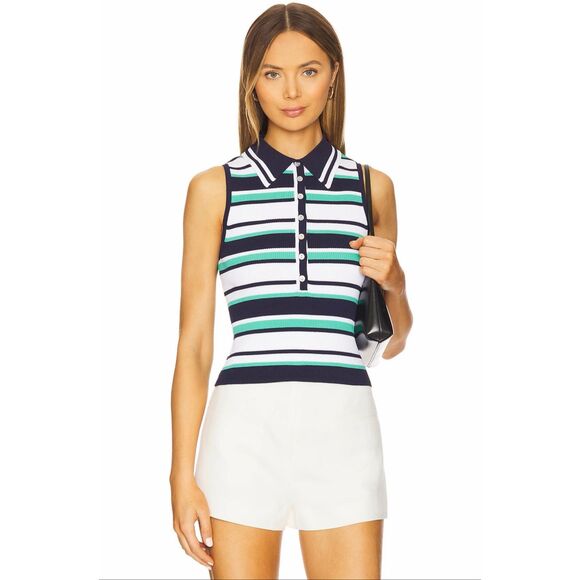 525 America Tops - 525 America Vivienne Johnny Collar Striped Tank in Dark Blue Multi S